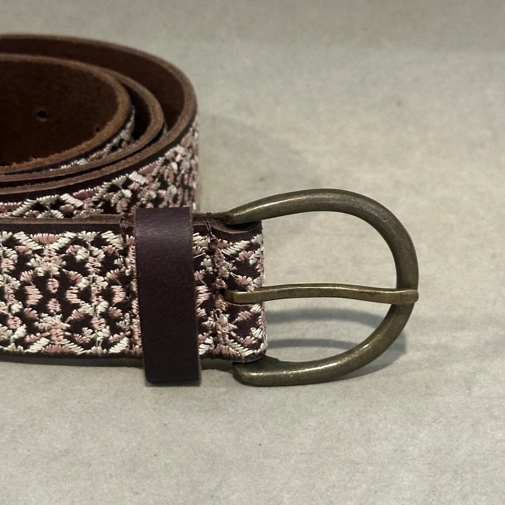 Lucky Brand Brown Leather Embroidered Belt Pink White Geometric XL BUD0271 NEW